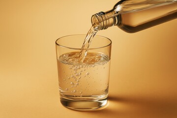 Poster - Pouring carbonated drink into glass on soft yellow background with light reflections and bubbly details captured in high clarity concept image.