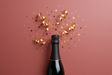 Poster - Champagne bottle with festive golden ribbon and confetti on pink background, symbolizing celebration and party concept with elegant light mood.