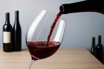 Aufkleber - Pouring red wine into a clear glass on wooden table with unfocused bottles in background under soft light in minimalistic abstract composition.
