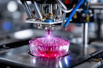 Poster - 3D printer creating a vibrant pink resin object in a modern manufacturing facility