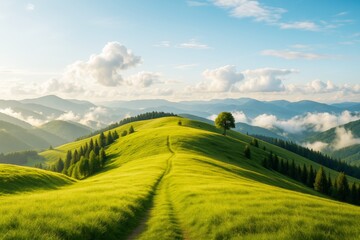 Poster - Peaceful green hill landscape with lone tree under soft morning light and distant mountain ranges in natural environment concept background.