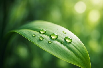 Poster - Close-up of fresh green leaf with water droplets on a soft blurred light green background in a natural environment concept with abstract bokeh light..