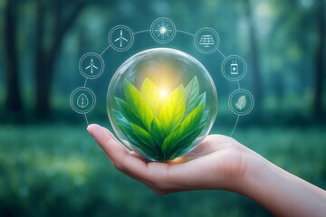 Poster - Hand holding glowing green leaves inside transparent sphere with renewable energy icons, symbolizing sustainability and clean energy concept.