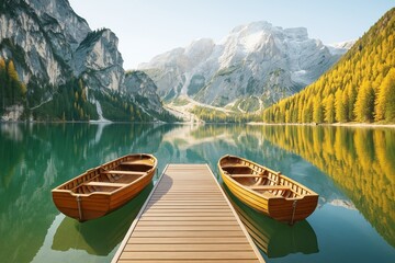 Poster - Wooden rowboats moored at dock on calm mountain lake with pine forest and snowy peaks in golden morning light environment background scene.