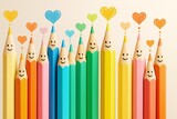 Smiling colored pencils with hearts above them in cheerful arrangement on light background, symbolizing creativity and happiness concept.