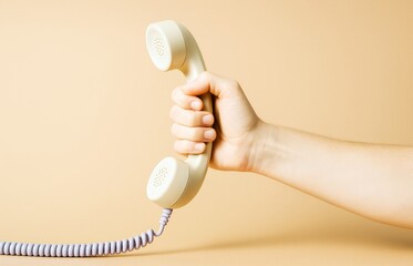 Aufkleber - Hand holding vintage telephone receiver on light beige background in creative minimalist composition concept of retro communication style.