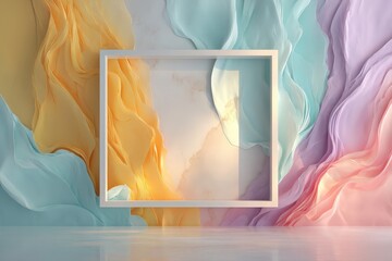 Poster - Abstract Pastel Background with Flowing Fabric and White Frame