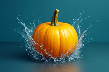 Poster - Bright orange pumpkin splashing into clear water with dynamic motion on teal background, representing freshness and vibrant autumn food concept.