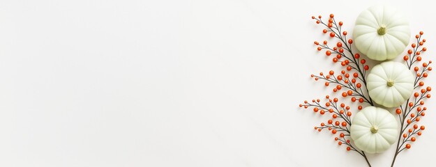Poster - Autumn composition with white pumpkins and orange berries on light background, perfect for seasonal design, banner, or copyspace template.