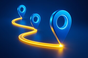 Aufkleber - Glowing route with blue map pins on dark background symbolizing navigation and journey concept in a creative graphic style. Ai generative.
