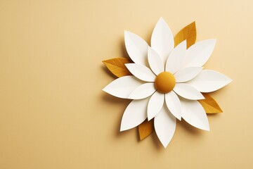 Poster - Abstract white and yellow paper flower with layered petals and leaves on beige background, minimalist floral concept with soft light and clean design.