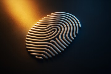 Poster - Abstract digital fingerprint design with metallic effect and glowing light on dark background, symbolizing biometric security and identity concept.
