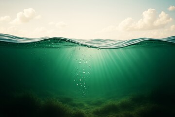 Poster - Peaceful underwater scene showing sunlight rays through ocean surface with bubbles and aquatic plants in dreamy light background. Ai generative.