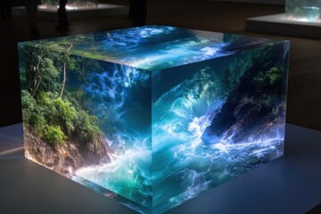 Poster - Innovative art piece featuring flowing water and lush greenery encased in a glass cube