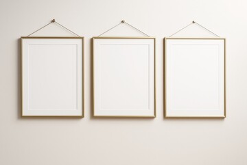 Poster - Three elegant gold picture frames hanging on beige wall background with blank copy space for creative design or advertising template concept.