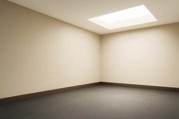 Poster - Minimalist empty room interior with beige walls, skylight, and tiled floor for clean background or modern copyspace concept in design mockup.