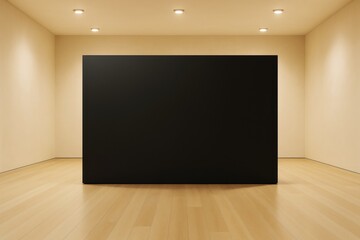 Aufkleber - Black square panel standing in modern empty room with soft lighting and wooden floor, ideal for advertising, branding, or poster mockup concepts.