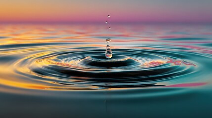 Poster - Water Droplet Impacting Calm Water at Sunset, Colorful Ripples and Reflections