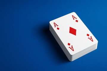 Poster - Stack of ace of diamonds playing cards on blue background, symbolizing casino game hobby and abstract light composition concept.