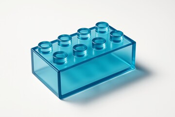 Poster - Transparent blue building block with eight studs placed on white background, minimal light reflections, symbolizing creativity and hobby concept.