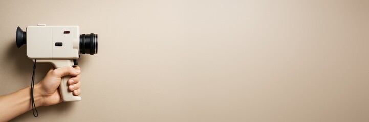Aufkleber - Vintage camera held by hand on beige background with copy space, ideal for creative hobby or design template concepts. Ai generative.