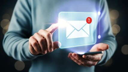 Poster - Person touching email icon with notification on transparent screen holding smartphone device