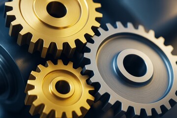 Poster - Close-up of interlocking metal gears with golden and silver finish on dark background, symbolizing industrial technology and mechanical concept.