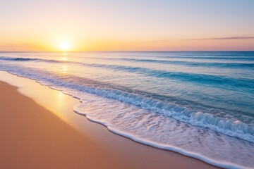 Aufkleber - Peaceful beach landscape with soft ocean waves and golden sunrise light on sandy shore under clear sky, nobody visible in serene nature scene.