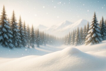 Poster - Peaceful snowy winter forest with pine trees and mountains in soft morning light under falling snowflakes, natural landscape background scene.