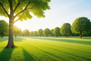 Poster - Peaceful sunrise over green park landscape with rows of trees casting long shadows on a freshly mowed grass field in a natural setting concept.