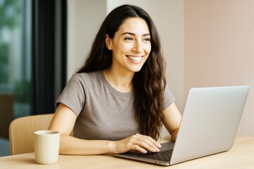 Aufkleber - Smiling woman using laptop at home with natural light and cozy background in a relaxed lifestyle setting, enjoying casual creative remote work.