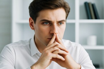 Poster - Thoughtful young man in white shirt sitting at desk with fingers pressed to lips, deep in concentration against a bright office background.
