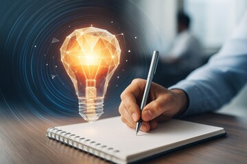 Poster - Person writing in notebook with glowing abstract light bulb symbolizing creativity and innovation on futuristic background in office setting.