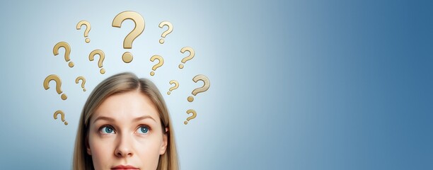 Poster - Woman looking up with question marks above her head on blue background, symbolizing curiosity, confusion, or brainstorming with copy space.