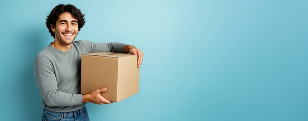 Poster - Smiling young man holding a cardboard box against a light blue background with copyspace for advertising, promotion, or creative design template.