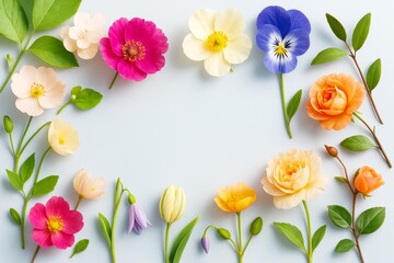 Poster - Colorful spring flowers arranged in a creative frame pattern on light background with leaves and buds, nobody present, floral composition concept.