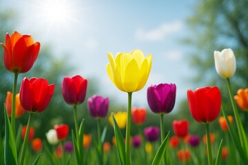 Poster - Bright multicolored tulips blooming in a sunny spring garden with a yellow tulip in focus against a soft nature background under clear blue sky.