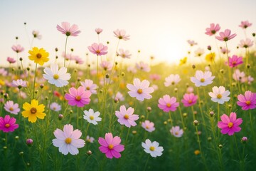 Poster - Blooming colorful cosmos flowers in a sunny field with soft golden light and green background during sunrise in nature, nobody shown.