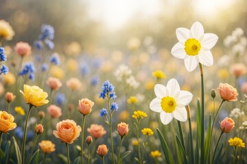 Poster - Blooming spring flower meadow with daffodils and roses under soft sunlight on warm dreamy background. Ai generative.