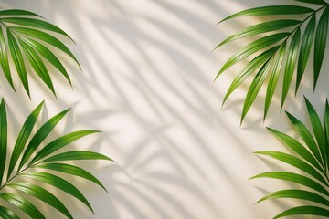 Poster - Tropical palm leaves casting shadows on beige wall background with soft natural sunlight, minimalist botanical concept in 3d style.