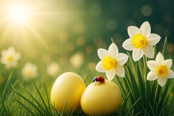 Poster - Yellow Easter eggs and white daffodil flowers on fresh grass with a ladybug in sunlight and blurred springtime background. Ai generative.