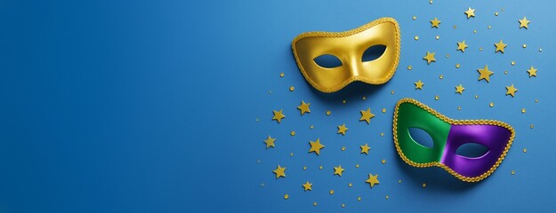 Poster - Carnival celebration masks with gold stars on blue background, festive design template with copy space for cultural or promotional advertising concept.