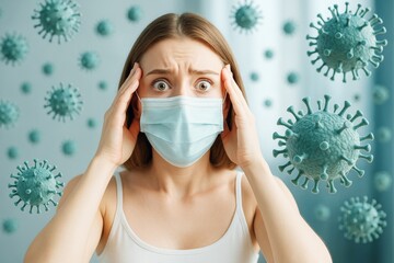 Aufkleber - Worried woman in medical mask surrounded by virus cells on light blue background expressing fear and anxiety about infection and health safety.