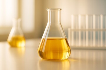 Aufkleber - Laboratory flask filled with yellow liquid on bright background in soft light, symbolizing science and innovation concept. Ai generative.
