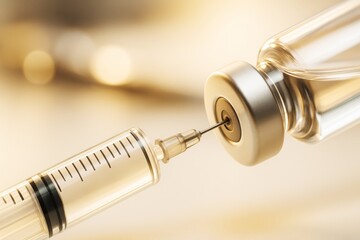 Poster - Close-up of syringe needle inserted into vaccine vial with golden light background, representing modern medical science and innovation concept.