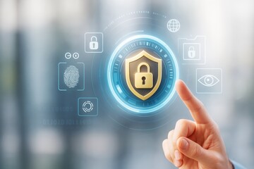 Poster - Cybersecurity access interface with digital lock icon and fingerprint authentication on futuristic technology background with glowing light effects.