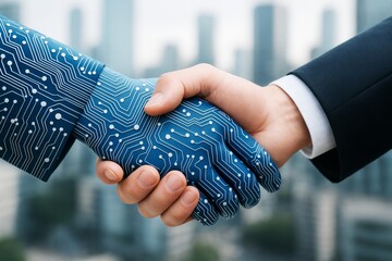 Aufkleber - Human and robotic hands shaking symbolizing tech partnership and innovation in business on blurred city background with light tones. Ai generative.