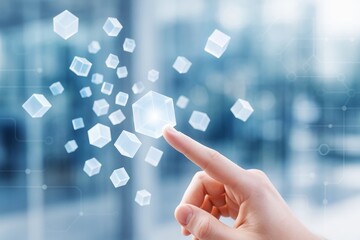 Poster - Abstract futuristic interaction with floating transparent cubes on a light blue technology background, symbolizing digital communication and data..