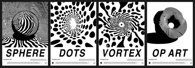 Fototapete - Set of vector posters in black and white op art style. Each features abstract modernism with optical patterns: sphere, dots, vortex. Monochrome futurism is a highly popular 2025 trend.
