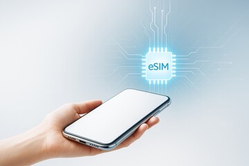 Poster - Smartphone in hand with glowing eSIM chip icon and circuit lines on light futuristic background illustrating modern mobile technology concept.